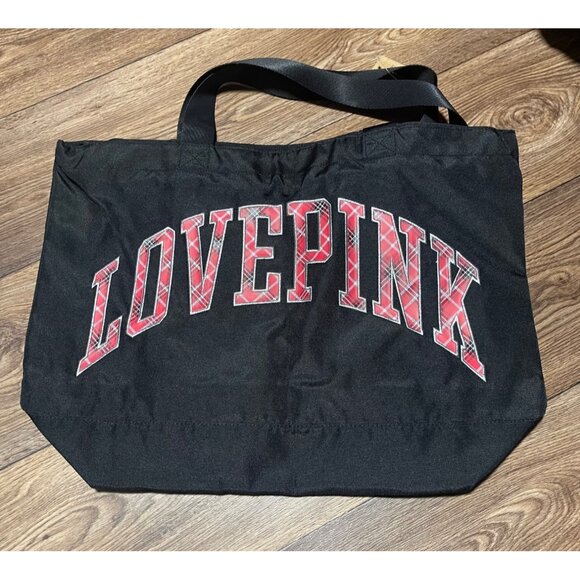 Victorias Secret Pink Large Black Tote Bag With Red Plaid Love Pink Text - Picture 1 of 10